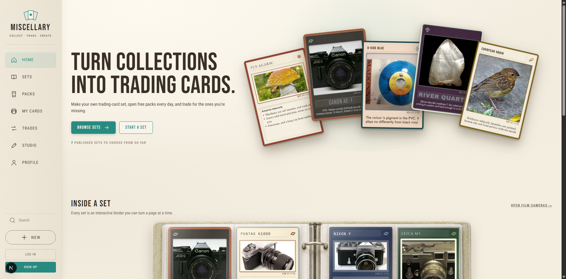 Miscellary desktop homepage with cards, binder, and packs