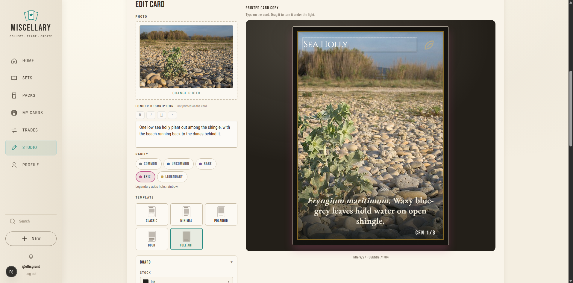 Miscellary Sea Holly card editor with live preview