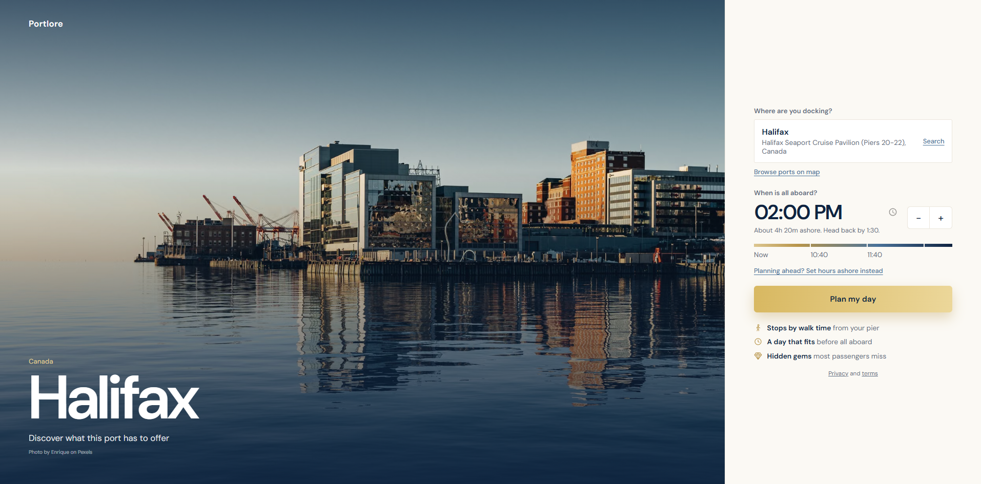 Portlore desktop Halifax welcome screen with the all-aboard time