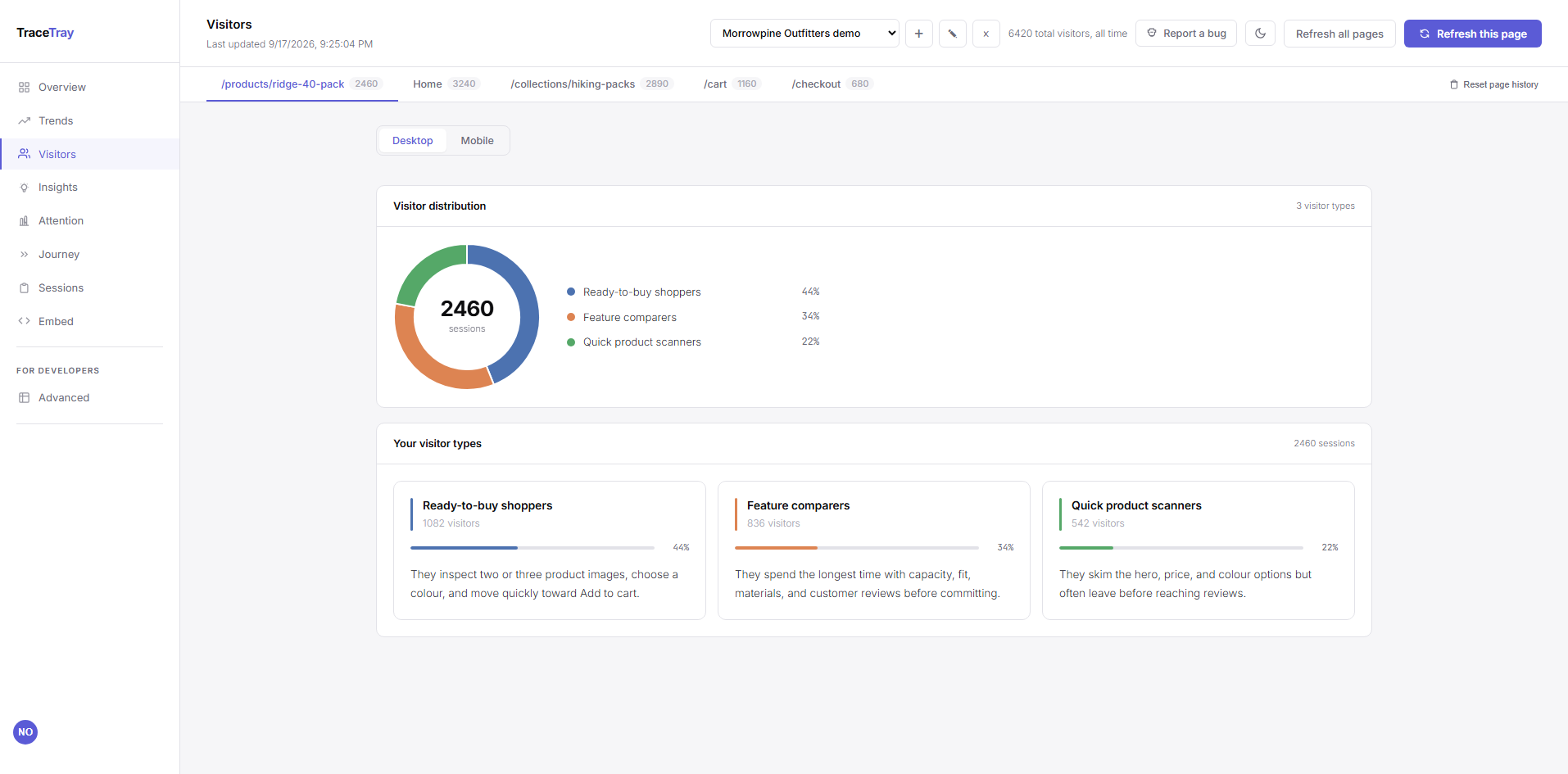 TraceTray visitor segments for the fictional commerce demo