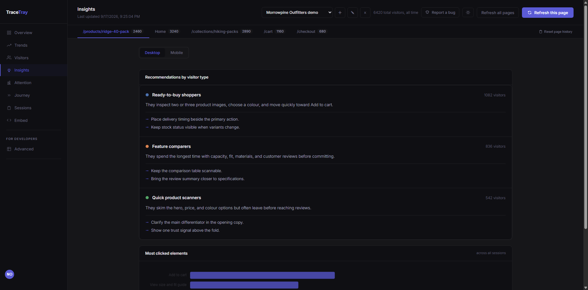 TraceTray recommendations shown in dark mode
