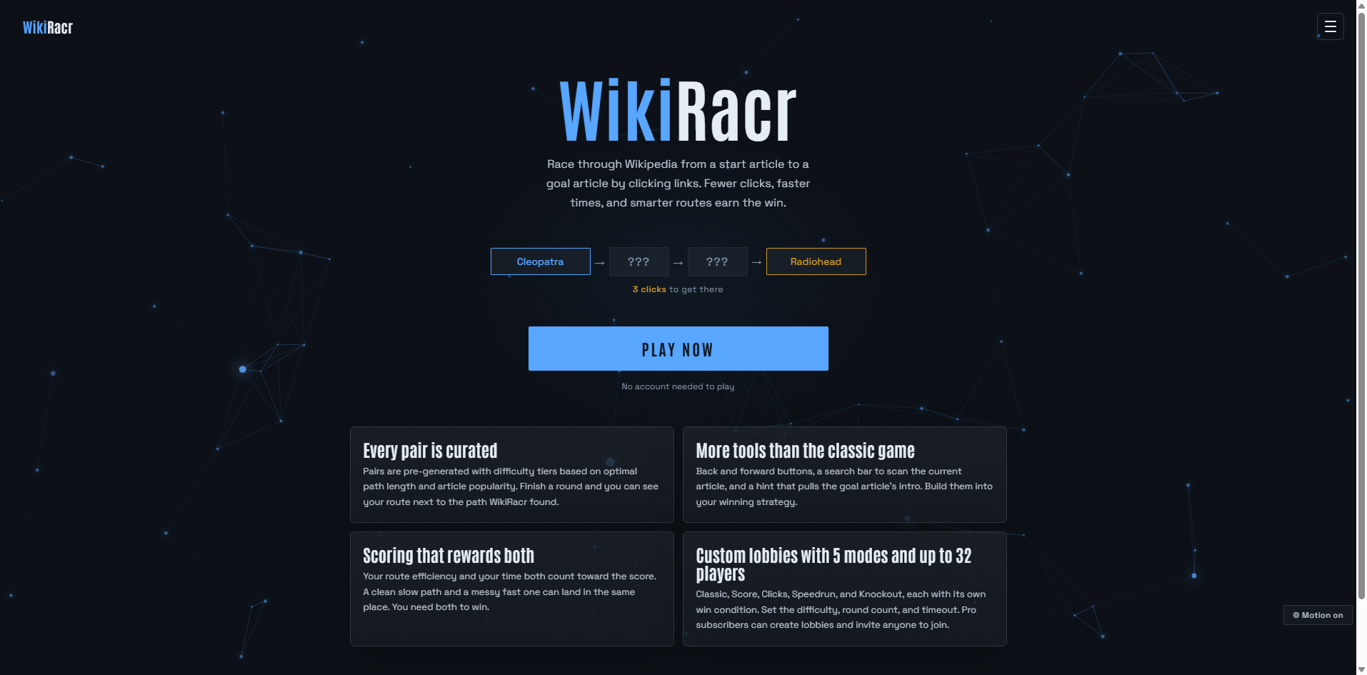 WikiRacr home screen