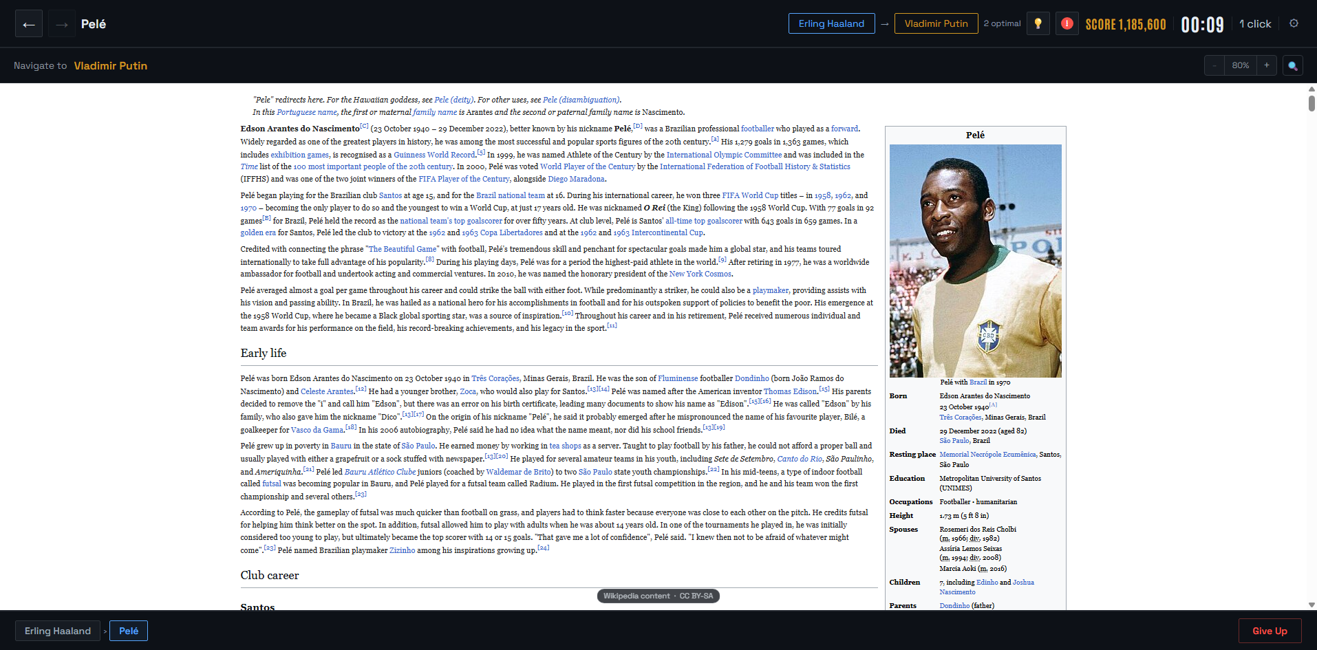 WikiRacr round progressing through Wikipedia